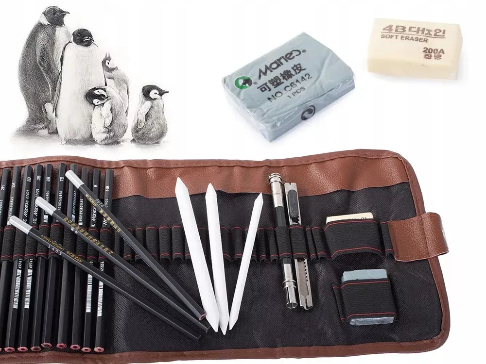 Profesionalus 29in1 eskizavimo ir piešimo rinkinys: anglis, pieštukai, maišytuvai