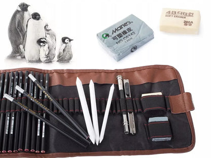 Profesionalus 29in1 eskizavimo ir piešimo rinkinys: anglis, pieštukai, maišytuvai