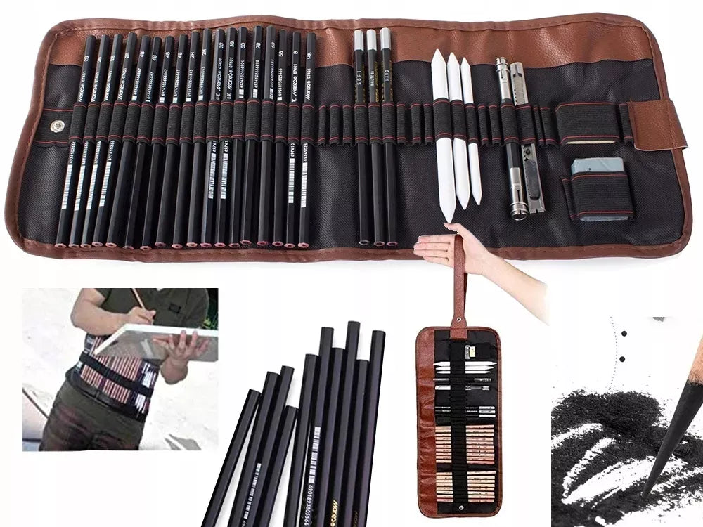 Profesionalus 29in1 eskizavimo ir piešimo rinkinys: anglis, pieštukai, maišytuvai