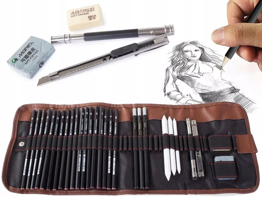 Profesionalus 29in1 eskizavimo ir piešimo rinkinys: anglis, pieštukai, maišytuvai