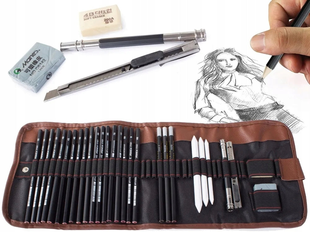 Profesionalus 29in1 eskizavimo ir piešimo rinkinys: anglis, pieštukai, maišytuvai