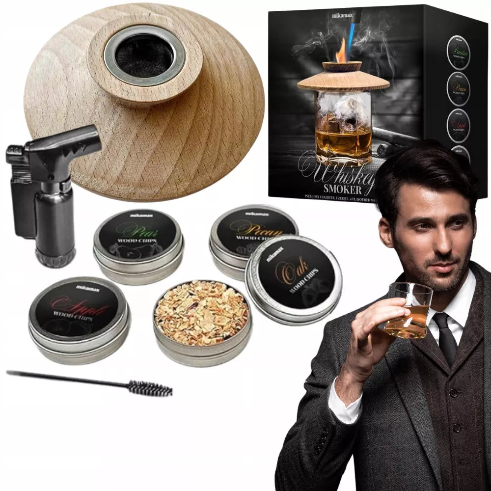 RŪKYMO RINKINYS WHISKY SMOKER + MEDIENOS DROŽLĖS - DOVANA VAIKINUI, VYrui