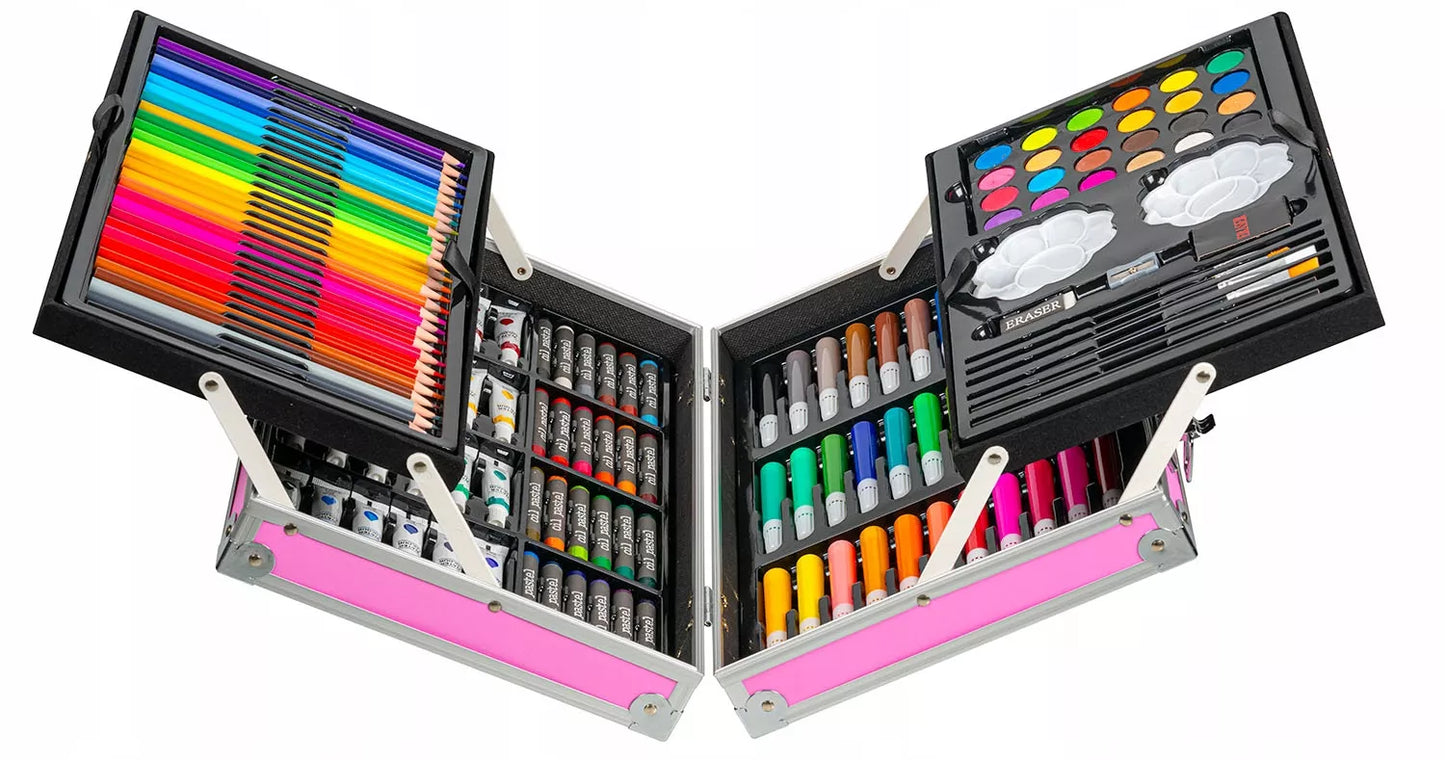 Tapymo ir piešimo rinkinys vaikams: kreidelės, dažai, flomasteriai, pastelės, lagaminas