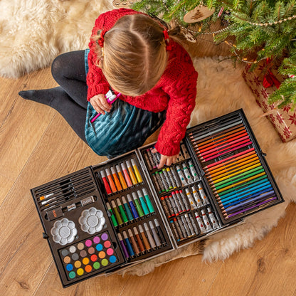 Tapymo ir piešimo rinkinys vaikams: kreidelės, dažai, flomasteriai, pastelės, lagaminas