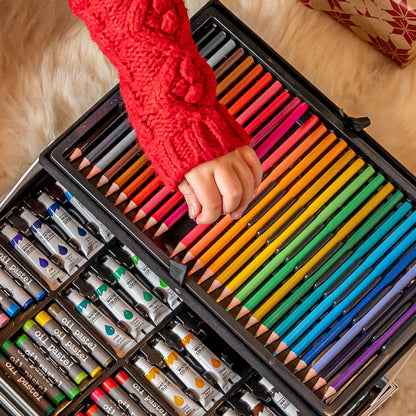 Tapymo ir piešimo rinkinys vaikams: kreidelės, dažai, flomasteriai, pastelės, lagaminas