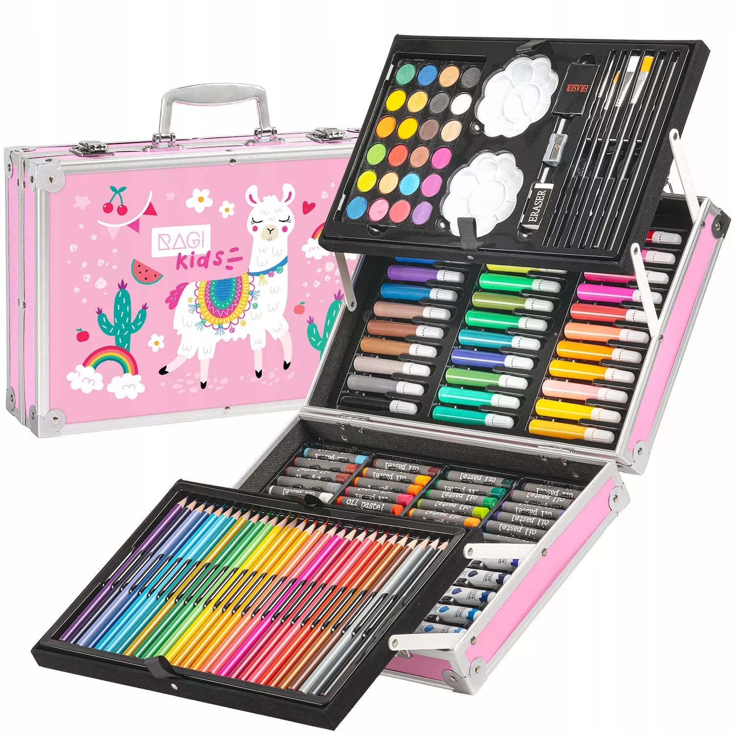 Tapymo ir piešimo rinkinys vaikams: kreidelės, dažai, flomasteriai, pastelės, lagaminas