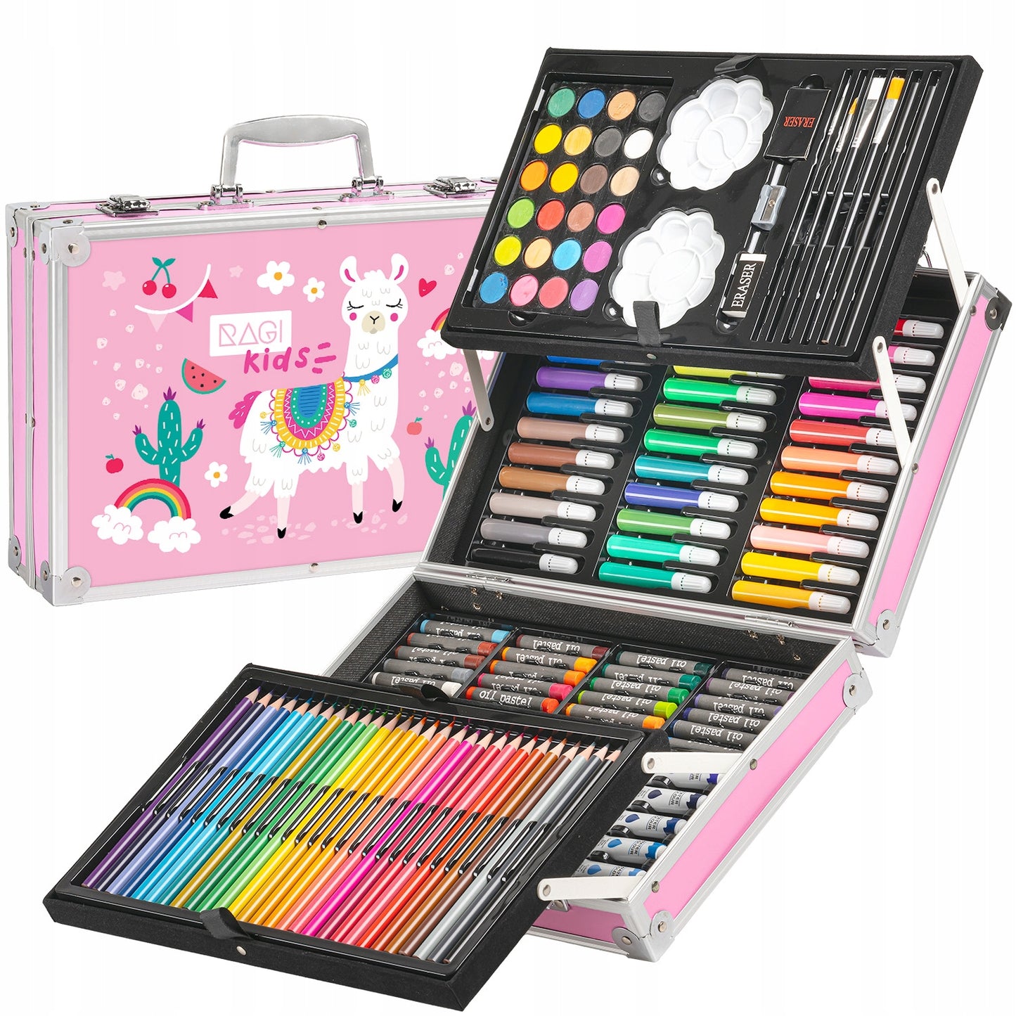 Tapymo ir piešimo rinkinys vaikams: kreidelės, dažai, flomasteriai, pastelės, lagaminas