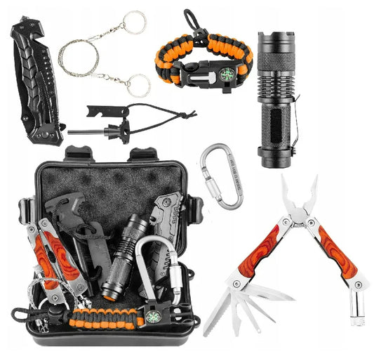 Karinis taktinis išgyvenimo rinkinys Neo Tools 63-154 su peiliu ir daugiafunkciniu įrankiu
