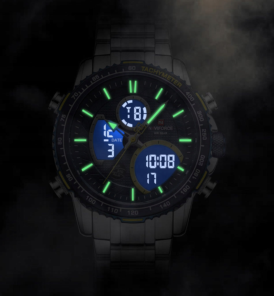 Vyriškas laikrodis NAVIFORCE LUXURY su apšvietimu, plienine apyranke, 4 spalvos