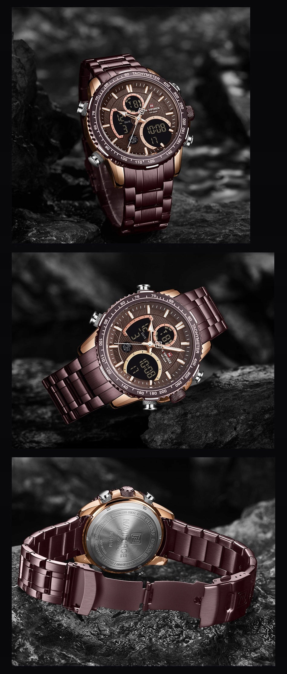 Vyriškas laikrodis NAVIFORCE LUXURY su apšvietimu, plienine apyranke, 4 spalvos