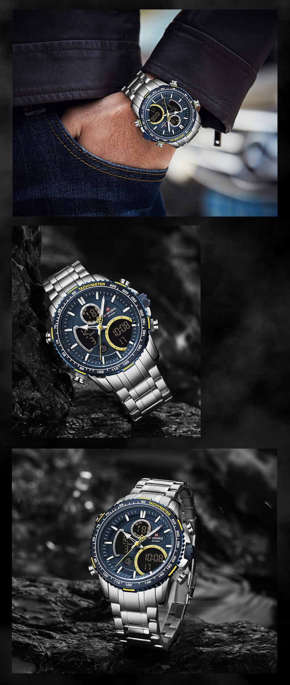 Vyriškas laikrodis NAVIFORCE LUXURY su apšvietimu, plienine apyranke, 4 spalvos