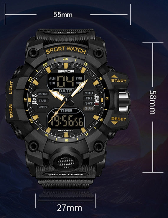 Vyriškas LED laikrodis SANDA – sportinis, karinis, 50 m atsparumas vandeniui