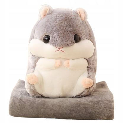 Rinkinys 3in1 Antklodė-Masiuotė Hamsteris Pilkas Minkštas Žaislas Pliušinis Pagalvėlė Antklodėlė 2in1