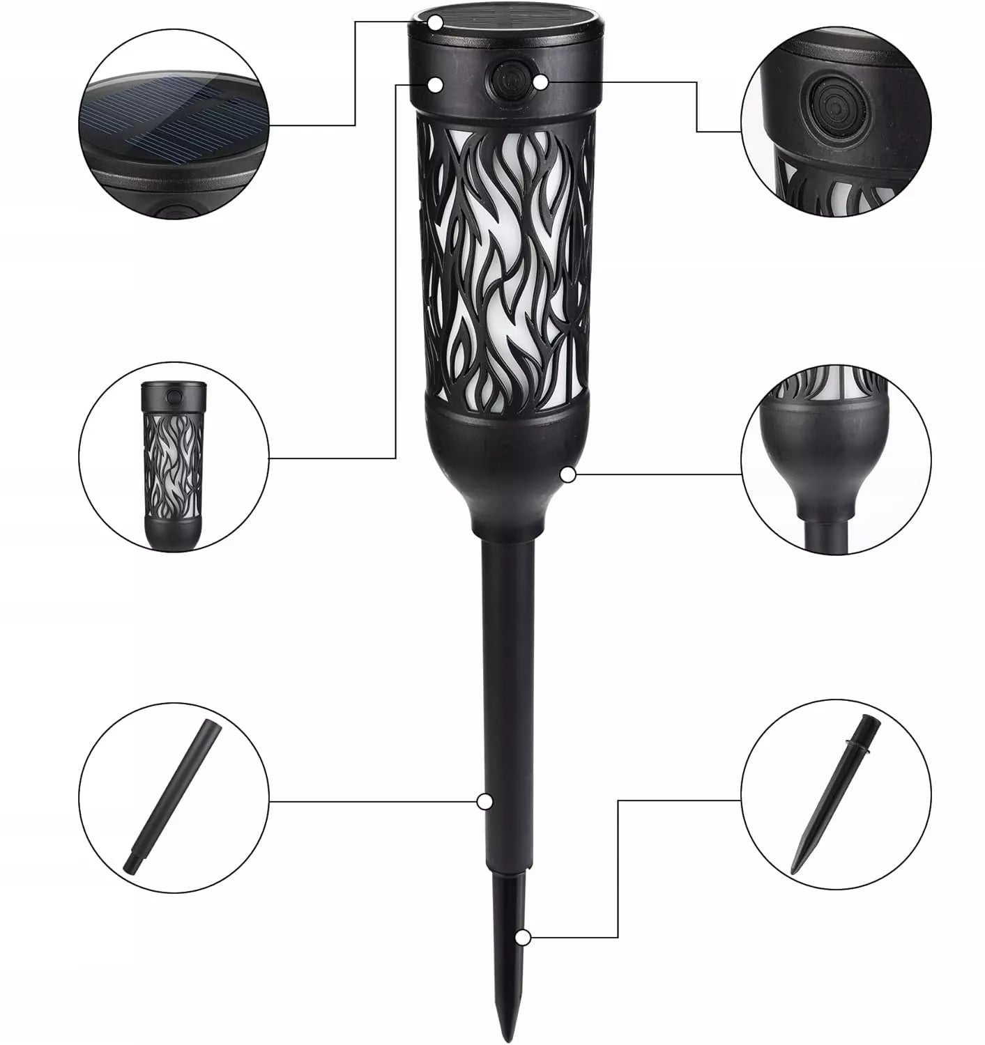 6x LED saulės šviestuvų komplektas sodui, deglo su liepsna imitacija, smeigiamas