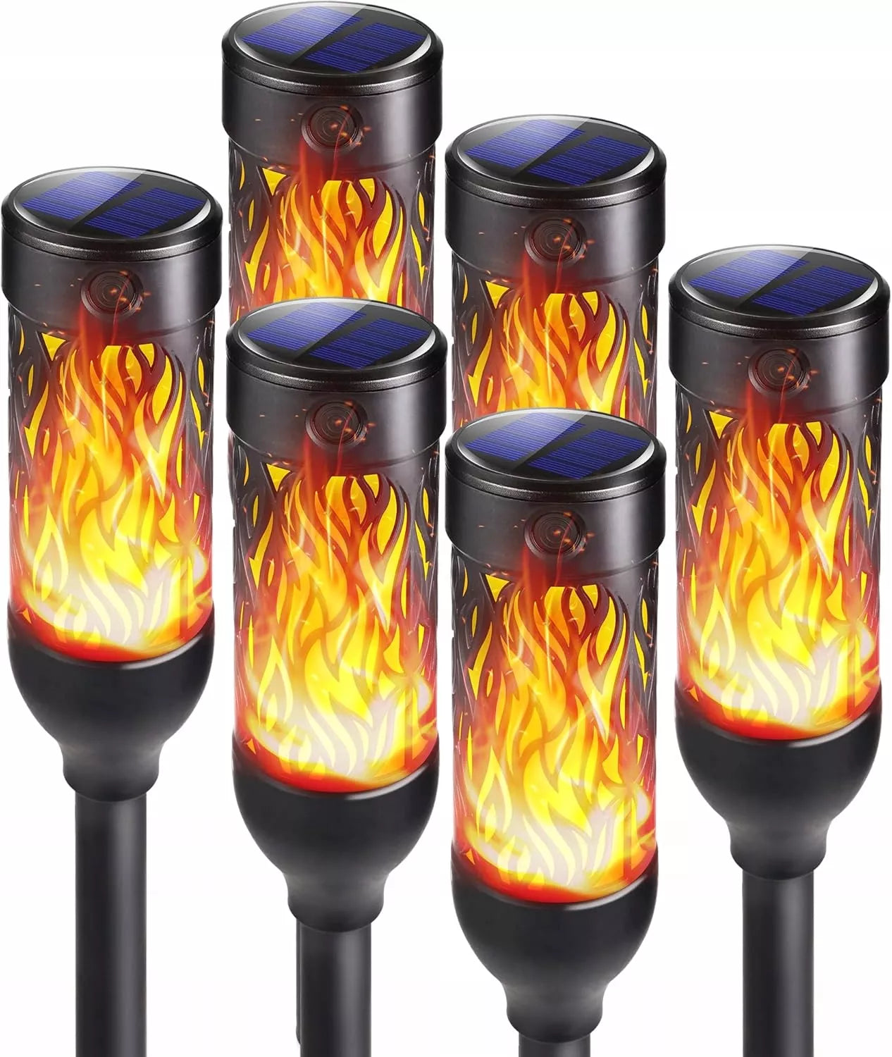 6x LED saulės šviestuvų komplektas sodui, deglo su liepsna imitacija, smeigiamas