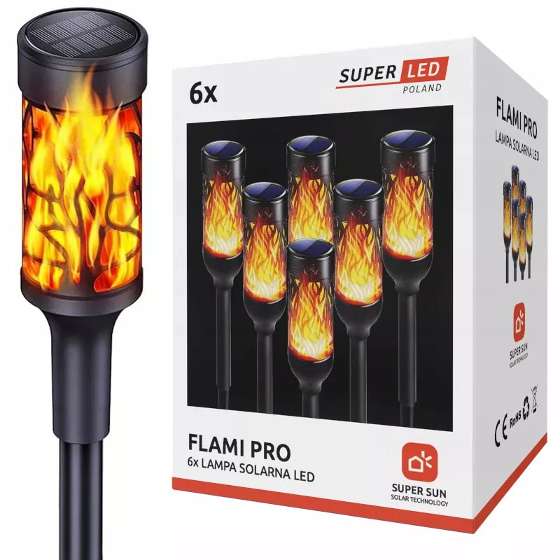 6x LED saulės šviestuvų komplektas sodui, deglo su liepsna imitacija, smeigiamas