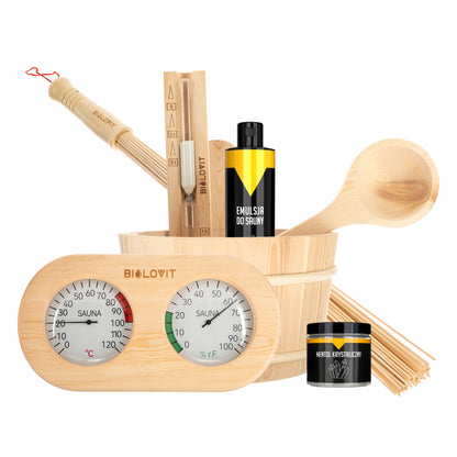 Saunos reikmenų rinkinys: Kibiras, Termometras, Smėlio laikrodis, Kaušas, Mėtų kvapas, 7 vnt.