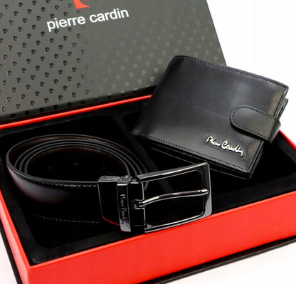 Vyriškas odinis rinkinys Pierre Cardin – odinis diržas ir piniginė. DOVANA.