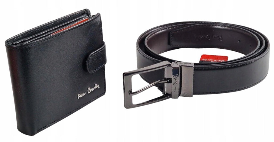 Vyriškas odinis rinkinys Pierre Cardin – odinis diržas ir piniginė. DOVANA.