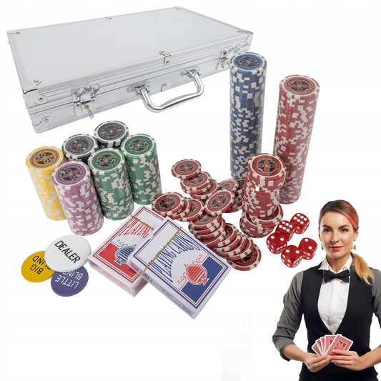 Premium Pokerio Rinkinys | 300 Žetonų, Lagaminas, Kortos, Kauliukai