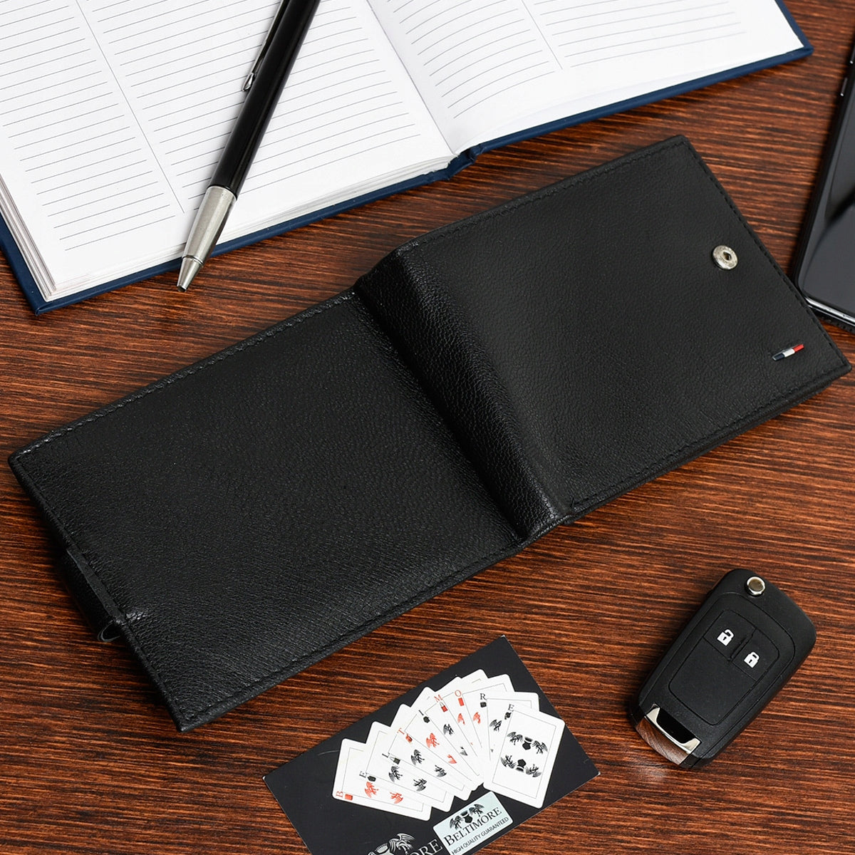 Vyriškas odinis dėklas-piniginė, klasikinis juodas, dovanų rinkinys Beltimore