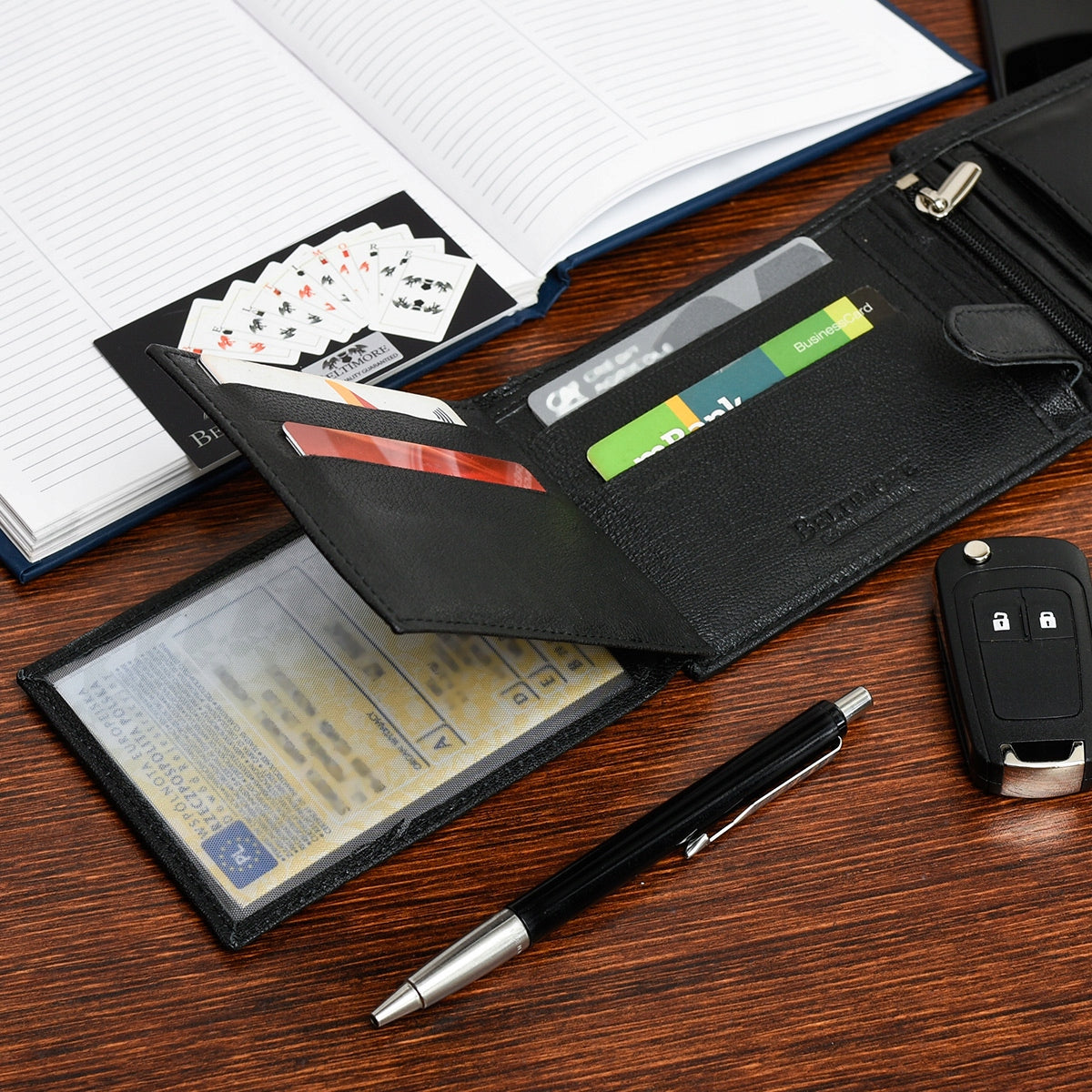 Vyriškas odinis dėklas-piniginė, klasikinis juodas, dovanų rinkinys Beltimore