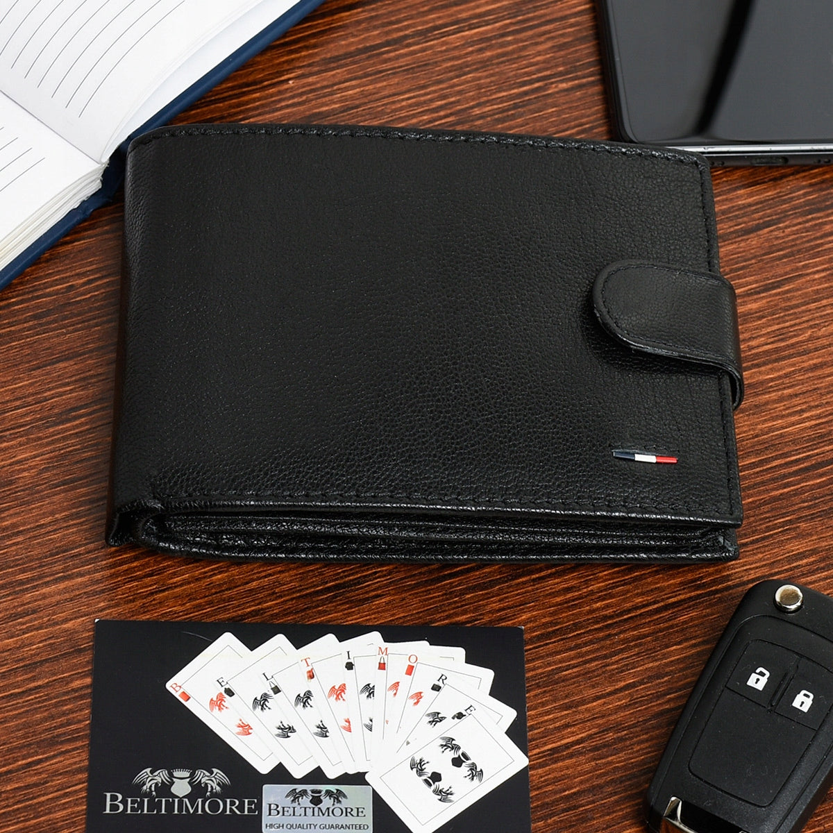 Vyriškas odinis dėklas-piniginė, klasikinis juodas, dovanų rinkinys Beltimore