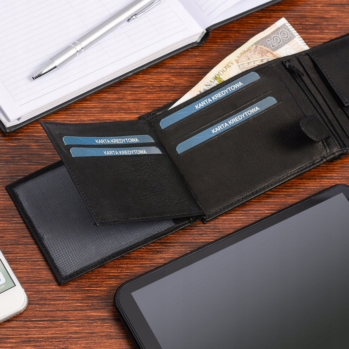 Vyriškas odinis dėklas-piniginė, klasikinis juodas, dovanų rinkinys Beltimore