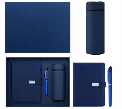 Mėlynas termopuodelio ir užrašinės dovanų rinkinys Kalėdoms ir dovanoms