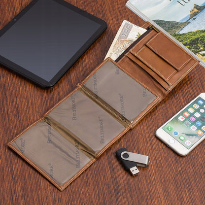 Vyriškas odinis diržo ir piniginės rinkinys rudos spalvos dėžutėje Beltimore