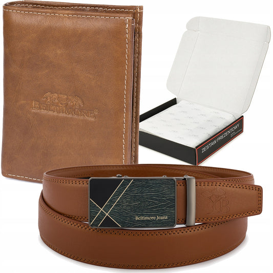 Vyriškas odinis diržo ir piniginės rinkinys rudos spalvos dėžutėje Beltimore