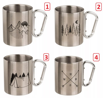 Plieninis turistinis puodelis su karabinu iš nerūdijančio plieno