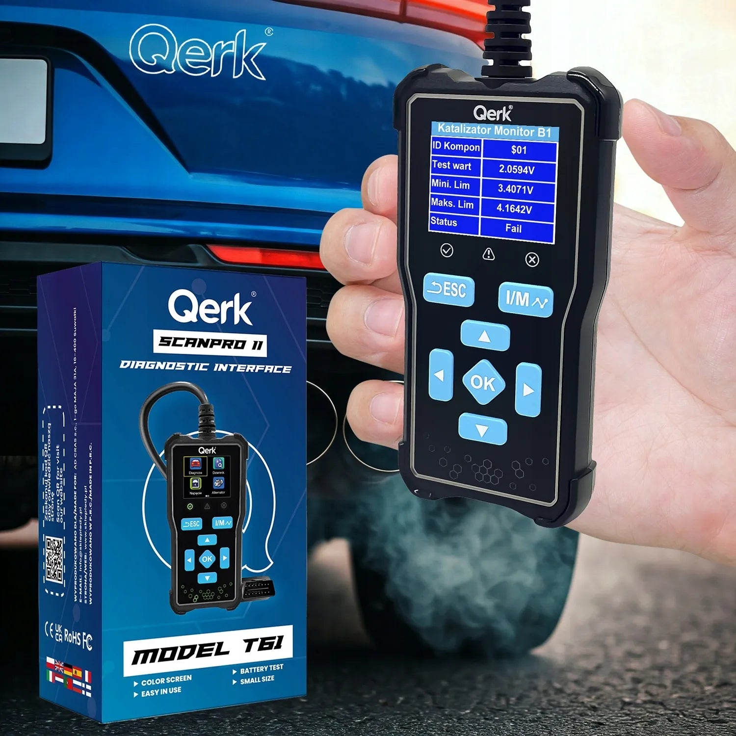 OBD2 skaitytuvas lenkišku meniu QERK T61 diagnostinė sąsaja