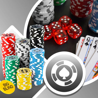 Pokerio rinkinys 500 žetonų, lagaminas, kortos, Teksaso kauliukai, didelis
