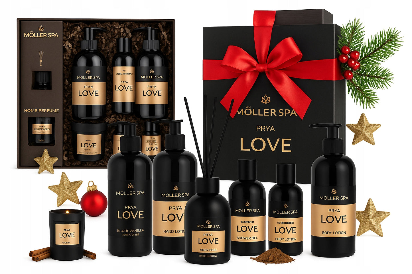 Kalėdinis dovanų rinkinys MOLLER SPA kvapusis žvakių, šampūno, dušo želė ir difuzoriaus rinkinys