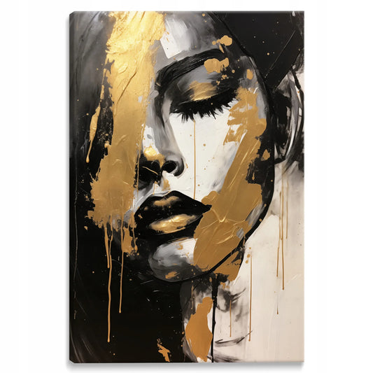 Abstraktus auksinis moters portretas ant drobės, glamūrinis stilius, 60 × 90 cm