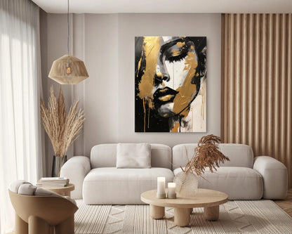 Abstraktus auksinis moters portretas ant drobės, glamūrinis stilius, 60 × 90 cm