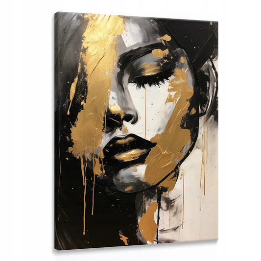 Abstraktus auksinis moters portretas ant drobės, glamūrinis stilius, 60 × 90 cm
