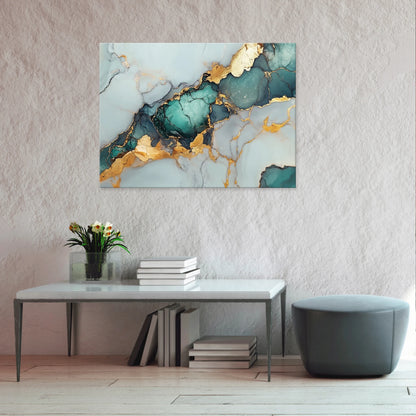 Abstraktus marmuro, aukso ir žalios spalvos paveikslas miegamajam ar svetainei ant drobės, 100 × 70 cm