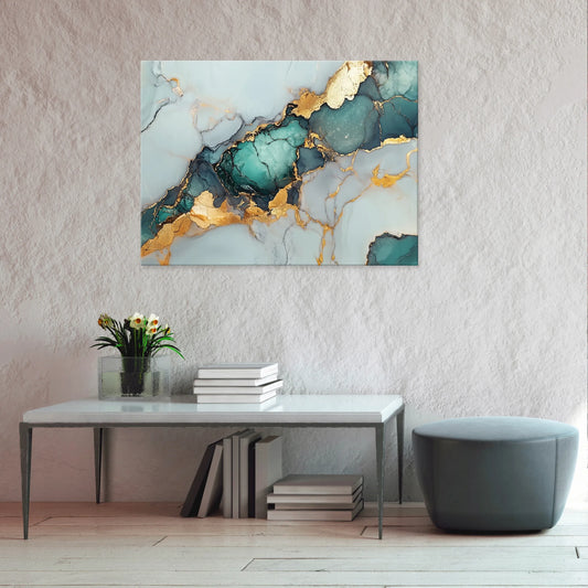 Abstraktus marmuro, aukso ir žalios spalvos paveikslas miegamajam ar svetainei ant drobės, 100 × 70 cm