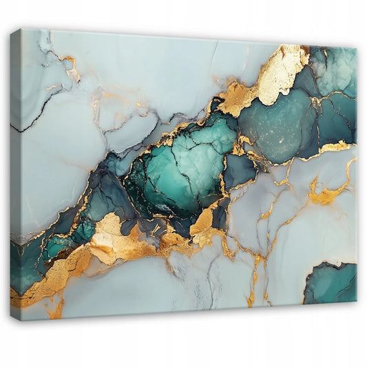 Abstraktus marmuro, aukso ir žalios spalvos paveikslas miegamajam ar svetainei ant drobės, 100 × 70 cm