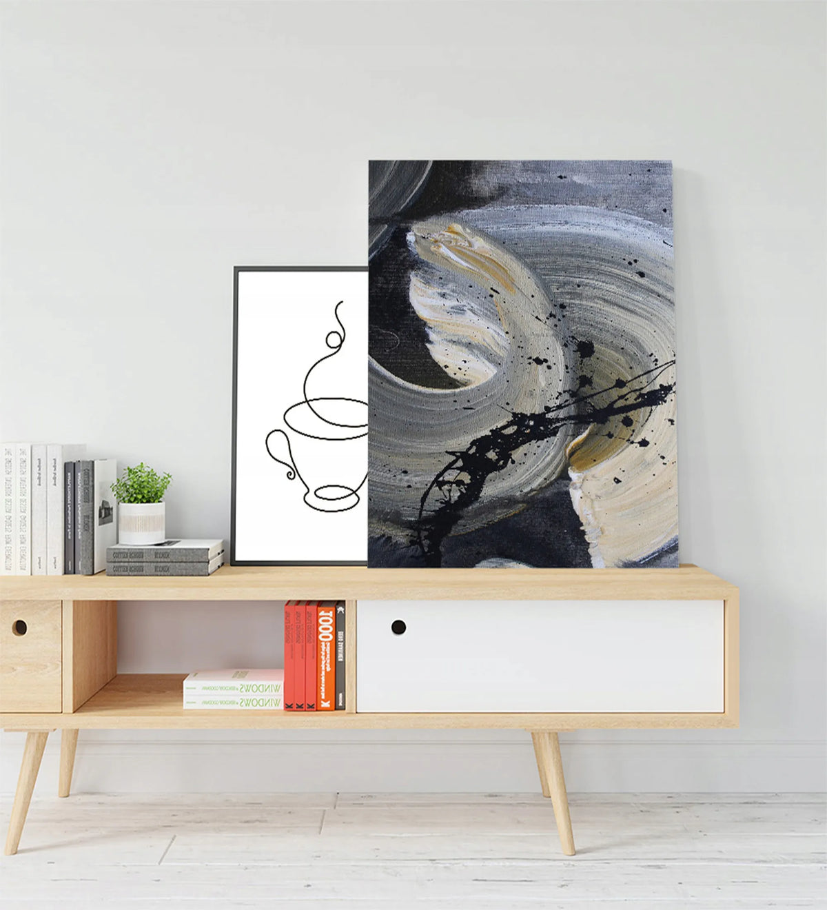 Abstraktus paveikslas ant drobės 60 × 80 cm, akvarelės dėmės, pilkas, C036