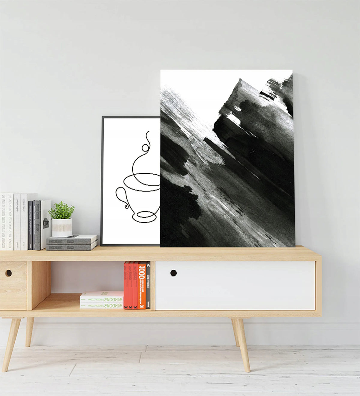 Abstraktus paveikslas ant drobės 60 × 80 cm, juodos, baltos ir pilkos spalvų, minimalistinis, C040
