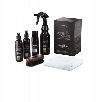 ADBL Leather Kit – odinių apmušalų valymo ir priežiūros rinkinys su valikliu, kondicionieriumi ir šepetėliu