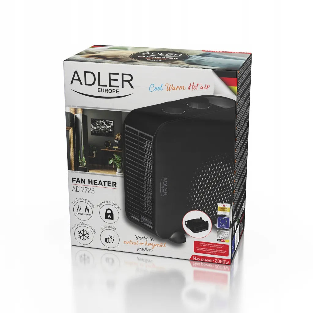 Adler AD7725B elektrinis ventiliatorinis šildytuvas, 2000W, juodas