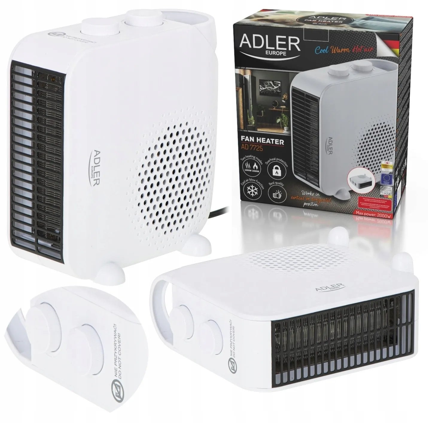 Adler AD7725W elektrinis ventiliatorinis šildytuvas, 2000W, su termostatu