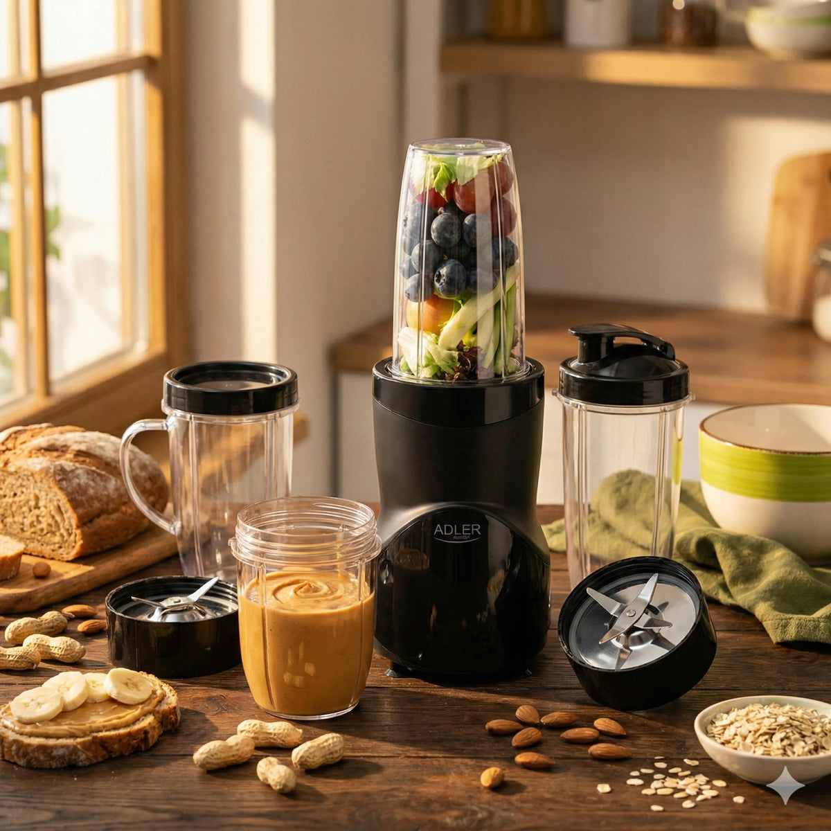 „Adler“ asmeninis trintuvas glotnučiams ir kokteiliams, 1200 W, su 4 buteliais ir puodeliais