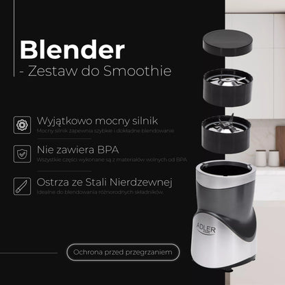 Adler kokteilių trintuvas, 1200 W, su buteliu, indu, malūnėliu ir keičiamais peiliais