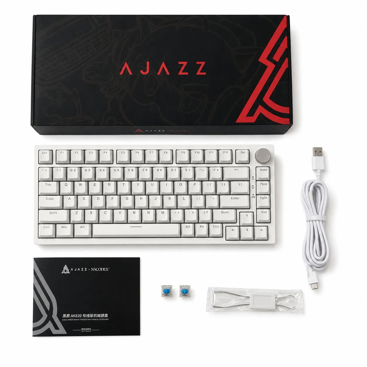 AJAZZ AK820 mechaninė klaviatūra, 75 %, „Hot-Swap“, „Blue Switch“, USB-C, balta