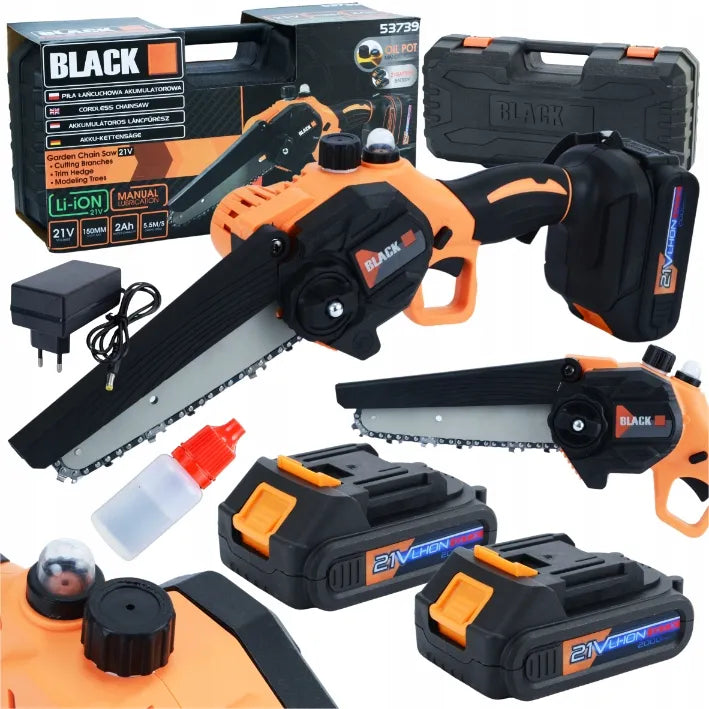 Akumuliatorinis grandininis pjūklas Black 150 mm, 2x akumuliatoriai 21 V, 2x kreipiančiosios + dovanos